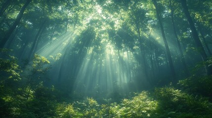 Obraz premium Sunbeams pierce misty, green forest.