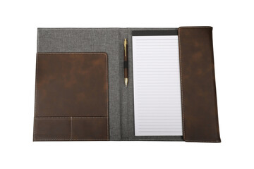 Leather and fabric flap portfolio. isolated png background.