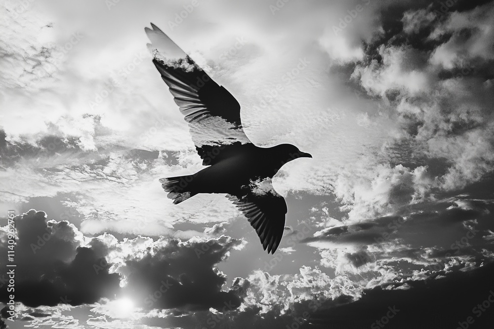 Poster a dramatic bird silhouette is portrayed against moody clouds, creating a powerful image that evokes 