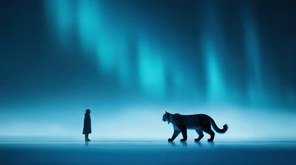   Man beside wolf, sky full of green-blue aurora bore