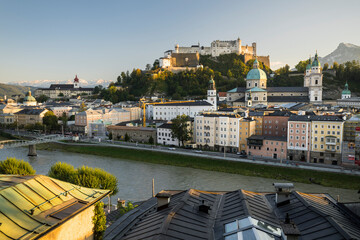 Blick vom Kapuzinerberg, Festung Hohensalzburg, Salzach, Salzburg, Österreich