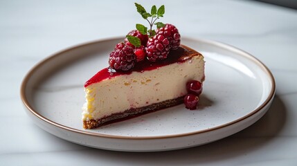 Cheesecake slice topped with fresh berries on a white plate, creamy dessert with vibrant colors, minimalistic food photography, gourmet styling, close-up shot, light background

