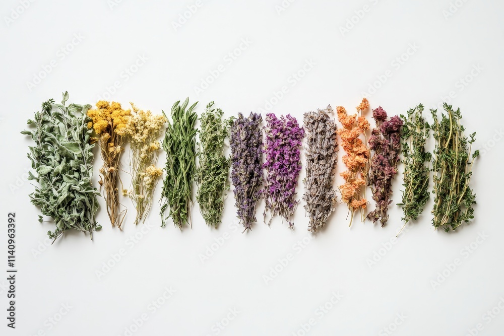 Poster a vibrant flat lay showcases an array of dried botanical specimens in various shades, celebrating na