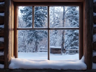 Winter scene viewed through a rustic cabin window