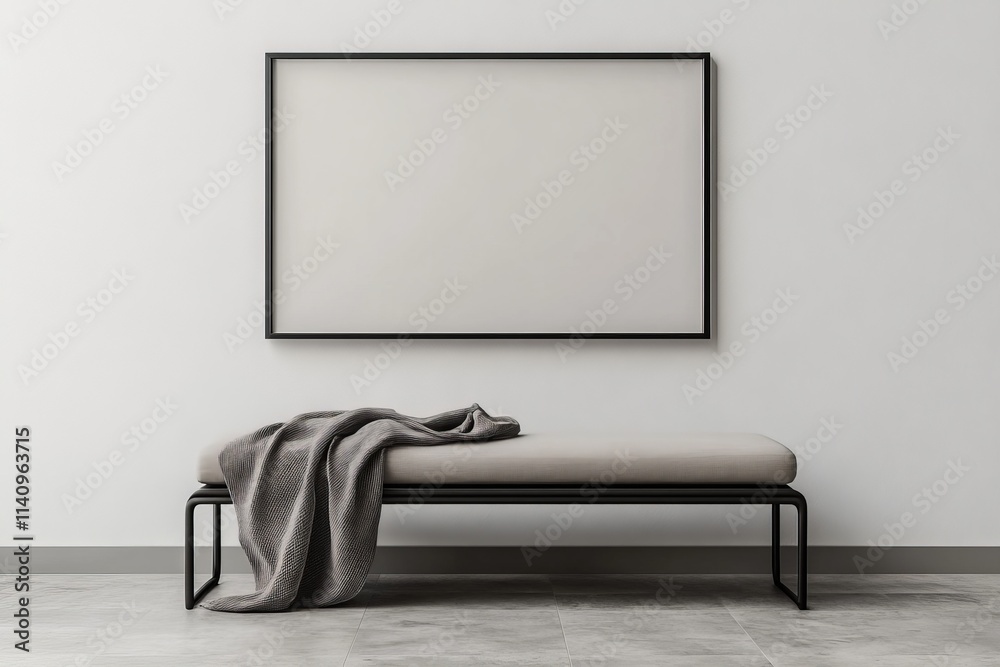Poster a minimalist composition featuring a simple bench adorned with a cozy blanket, set against a clean w