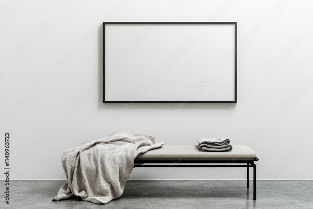 Poster a well-styled minimalist bench featuring neatly arranged pillows and a soft blanket, set in a bright