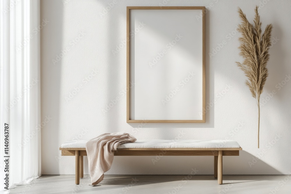 Poster a cozy minimalist bench adorned with a soft blanket invites relaxation, set against a bright wall th