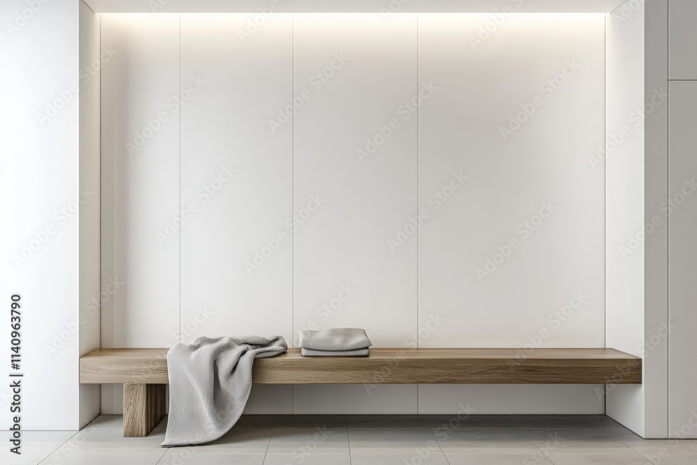 Aufkleber a minimalist wooden bench adorned with soft textiles against a sleek white wall, creating a serene a