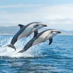 Two dolphins leaping above the ocean surface, creating splashes.