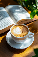 A cup of coffee and a book on a table