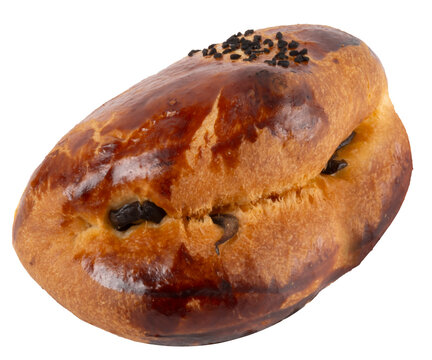 Pogaca, fresh baked traditional Turkish bakery product pogaca filled with sliced black olives isolated on white background, copy space. Close up image. 