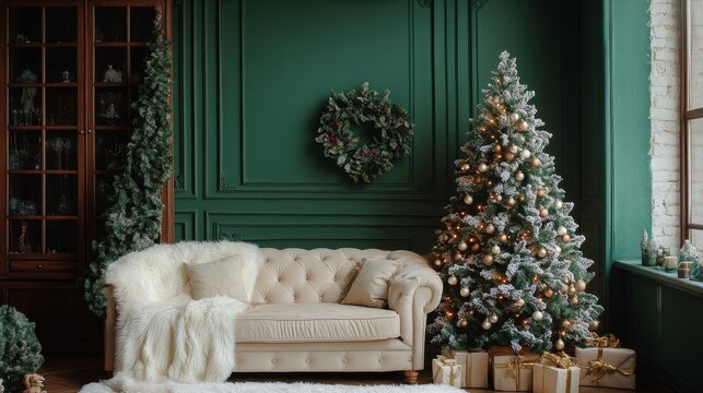 Cozy holiday living room decorated with Christmas tree and festive accents in winter setting