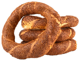 Simit, beautiful delicious traditional Turkish simit isolated transparent png image. Close up image of round bagels with sesame seed. Bakery fast food breakfast concept. © Designerant