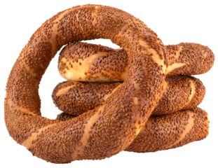 Simit, beautiful delicious traditional Turkish simit isolated transparent png image. Close up image of round bagels with sesame seed. Bakery fast food breakfast concept.