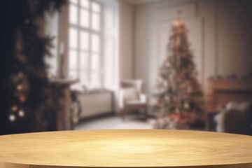 Empty table with christmas tree background