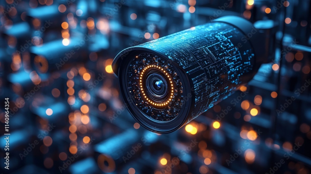 Poster showcasing security patches on surveillance tech with lit sensors in a dark setting