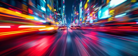 Fast sports car moving rapidly through colorful city streets at night