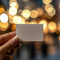 Obraz premium Hand holding a blank card against a blurred city background at sunset