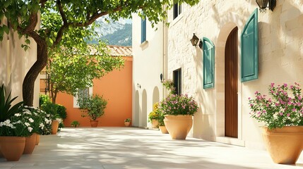 Fototapeta premium Potted plants line building side, adjacent to sidewalk and tree
