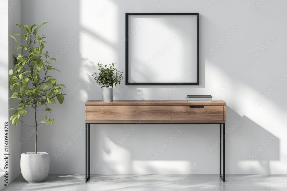 Poster a sleek wooden console table featuring an empty frame and a potted plant, embodying a minimalist des