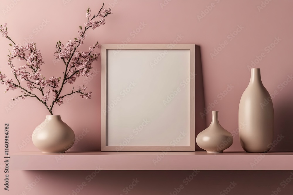 Poster a charming pink backdrop features a delicate arrangement of vases and blossoms, emphasizing warmth a