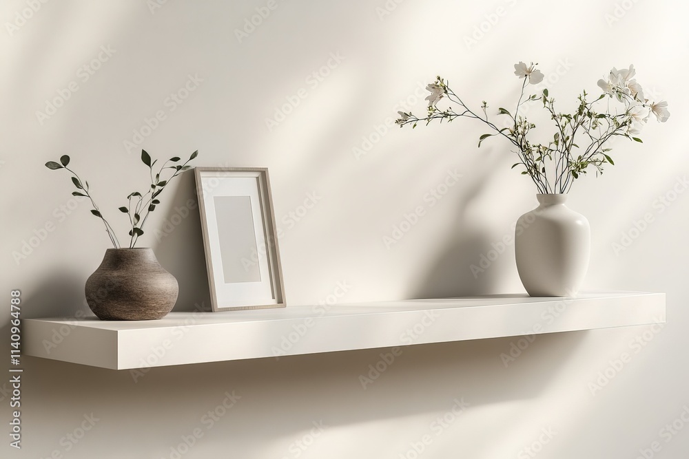 Poster this image captures a minimalist white shelf adorned with floral arrangements and elegant decor item