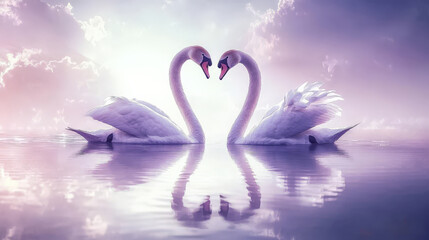 watercolor depiction of swan couple forming heart shape, symbolizing love and unity