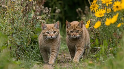 Obraz premium Two orange cats walking along a path surrounded by flowers.