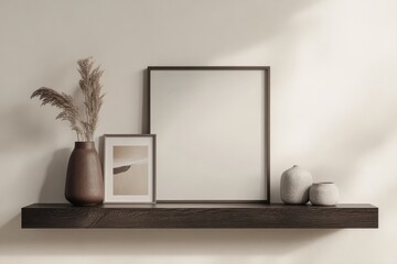 This composition displays earthy vases and gentle hues, paired with framed art, reflecting a serene and inviting atmosphere in modern decor.