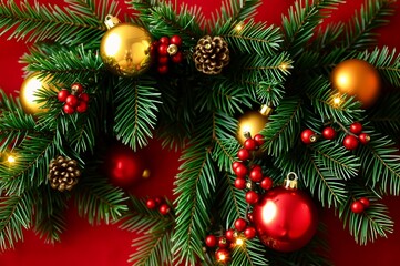 Festive Christmas Decoration with Golden and Red Ornaments on Evergreen Branches