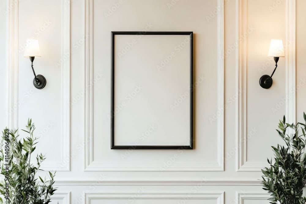 Poster a chic interior space featuring a minimalist wall with elegant sconces, inviting warmth and style th