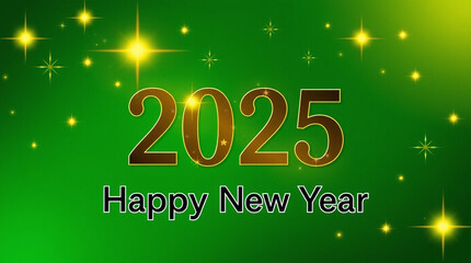 Black and gold 2025 Happy New Year text on green background