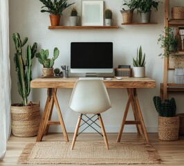 Modern workspace featuring plants and a computer on a rustic wooden desk