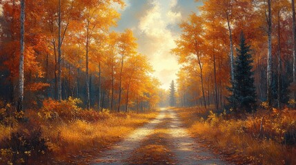 Obraz premium Autumnal forest path, golden leaves, sunlit scene.