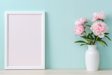 Vertical Frame with Pink Peonies on Blue Background, Minimalist Spring Decor, Floral Arrangement in White Vase, Large Copy Space for Text or Artwork, Portrait Format.

