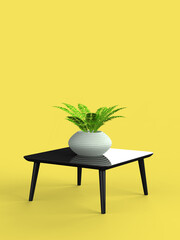 A sleek black table with a contemporary design, holding a vase containing a green fern plant, set against a minimalist yellow backdrop, perfect for themes of design, tranquility, and home decor.