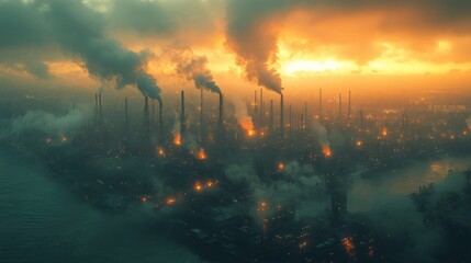 Obraz premium Smog-filled industrial city sunset; pollution.