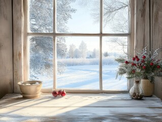 Winter Window View Snow Covered Landscape Festive Decor