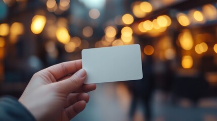 Hand holding a blank card in a softly lit outdoor setting during evening twilight