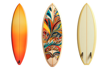 Set of three surfboards: yellow, gradient orange, and vibrant floral design, perfect for beach and surfing enthusiasts.
