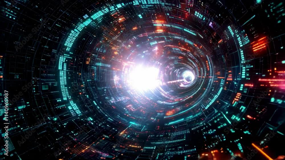 Wall mural futuristic digital tunnel with vibrant neon lights and data flowing in a circular pattern, concept o