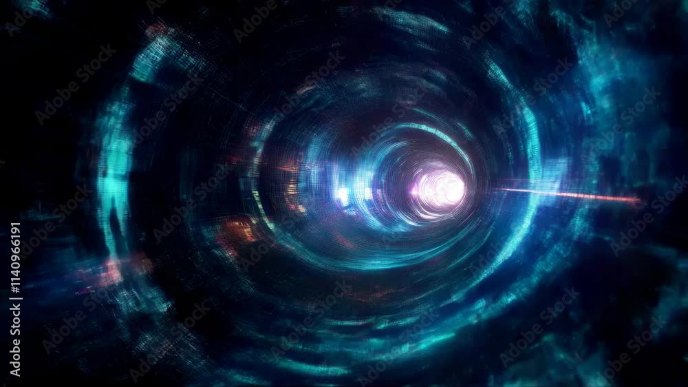 Sticker moving inside futuristic digital tunnel with rapid neon flashes of lights and data flowing, concept 