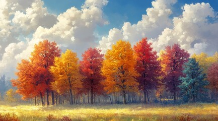 Fototapeta premium Vibrant autumn foliage painting depicting colorful trees in a serene landscape