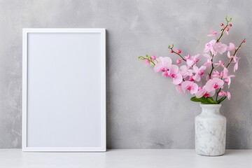 Vertical Frame with Pink Orchids on Gray Background, Minimalist Interior Decor, Floral Arrangement in White Vase, Large Copy Space for Text or Artwork, Portrait Format.

