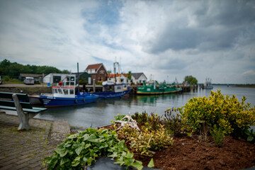Obraz premium A canal-side harbor scene, featuring small boats, houses, and lush greenery. Cloudy skies and calm water. A park bench is visible.