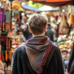 Obraz premium A person with short hair, wearing a scarf, seen from the back, browsing through a local crafts market filled with exotic items