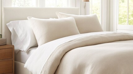 Fototapeta premium Luxurious Beige Linen Bedding Set: Soft, Comfortable, and Elegant Bedroom Decor