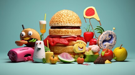Obraz premium A stack of dishes featuring a burger, fruits, and a burger with googly eyes alongside other edibles