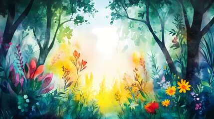 Vibrant watercolor illustration of an enchanted garden, featuring lush greenery, colorful flowers, and whimsical trees, set against a soft, dreamy background of morning mist. Arboreal. Illustration
