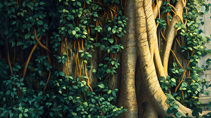 Obraz premium Vines and epiphytes growing on tree trunks, forestry, jungle foliage, arboreal features, botanical garden. Arboreal. Illustration